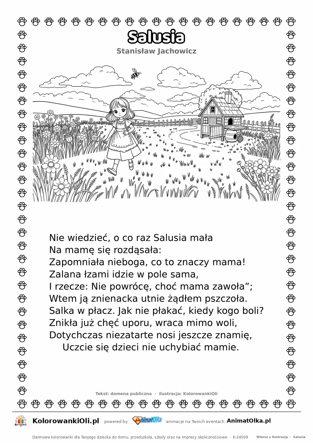 Salusia (Stanisław Jachowicz) — tekst wiersza i ilustracja do kolorowania, karta A4 do druku