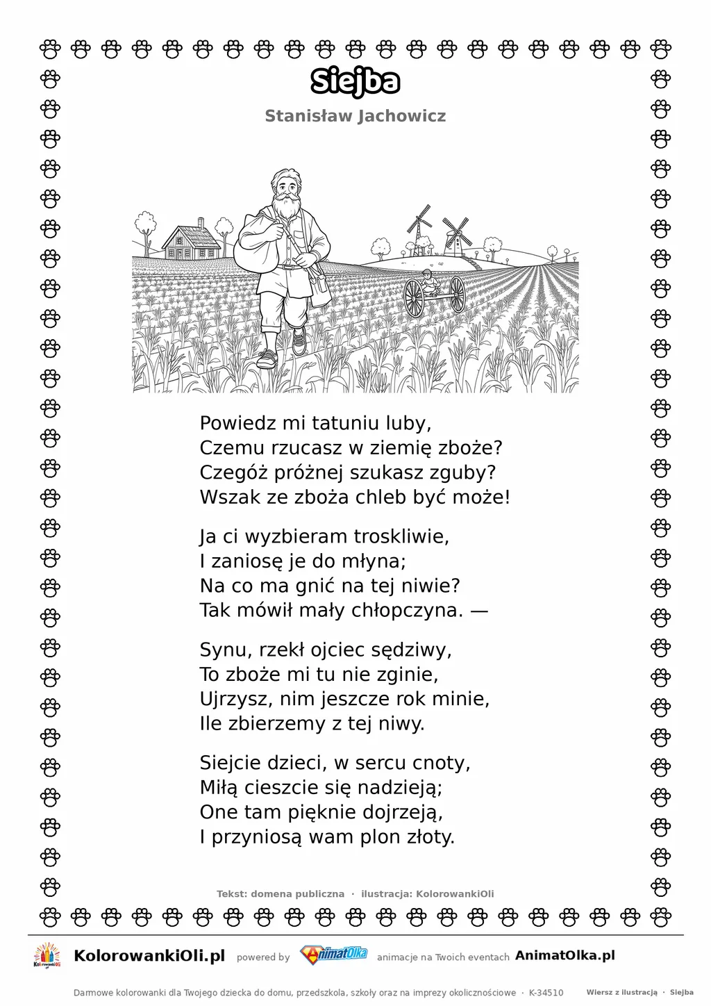 Siejba (Stanisław Jachowicz) — tekst wiersza i ilustracja do kolorowania, karta A4 do druku
