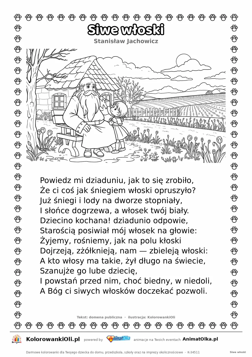 Siwe włoski (Stanisław Jachowicz) — tekst wiersza i ilustracja do kolorowania, karta A4 do druku