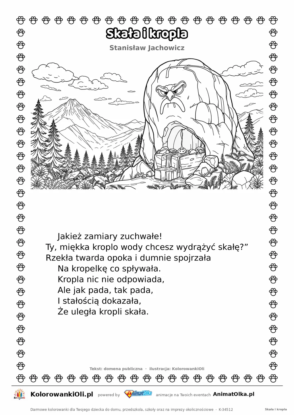 Skała i kropla (Stanisław Jachowicz) — tekst wiersza i ilustracja do kolorowania, karta A4 do druku