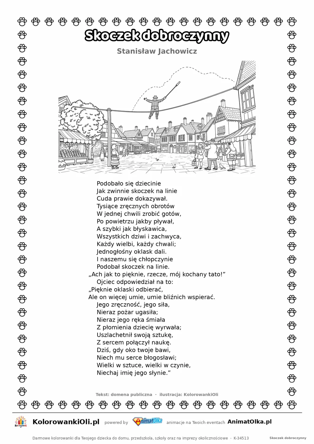 Skoczek dobroczynny (Stanisław Jachowicz) — tekst wiersza i ilustracja do kolorowania, karta A4 do druku