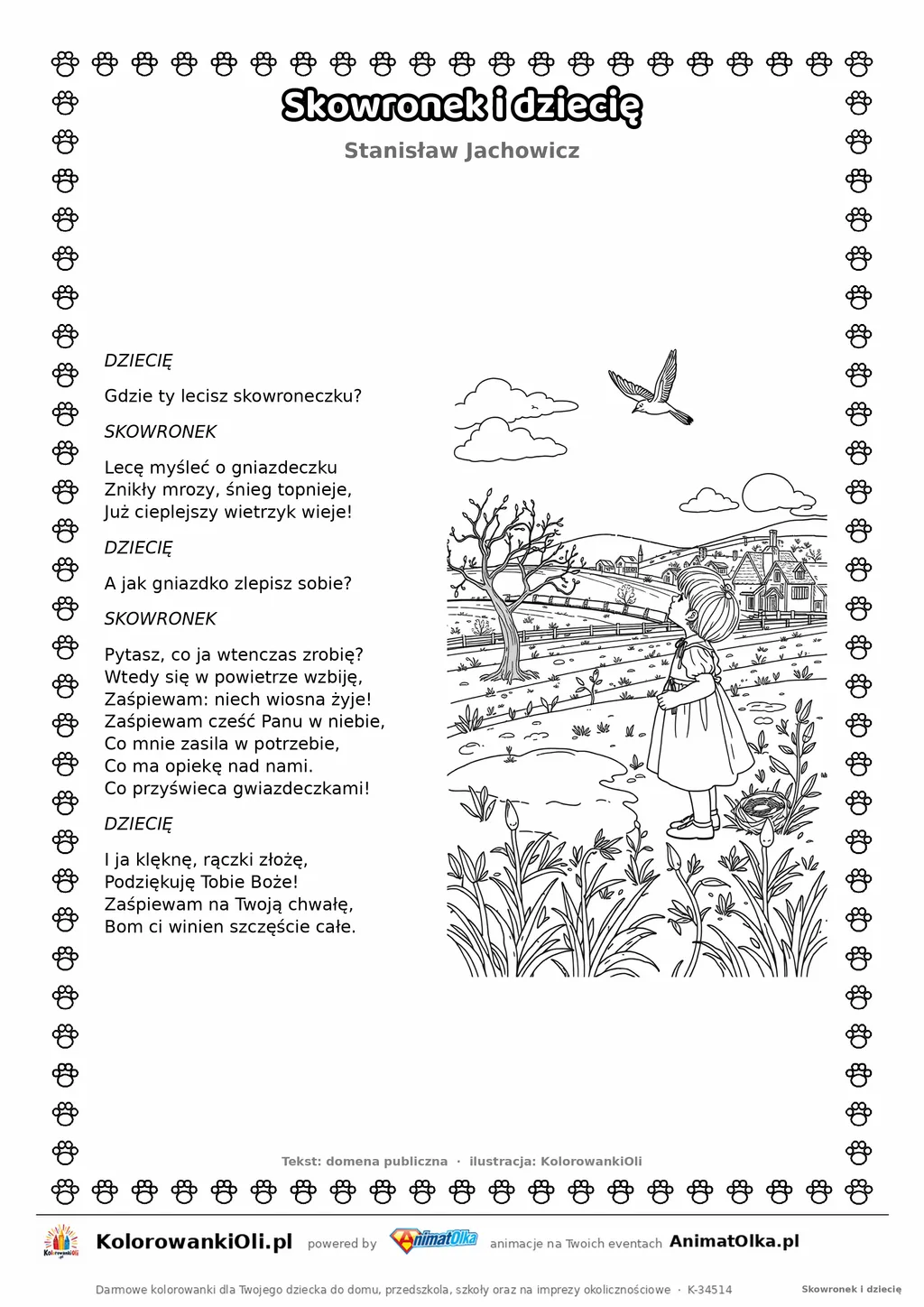 Skowronek i dziecię (Stanisław Jachowicz) — tekst wiersza i ilustracja do kolorowania, karta A4 do druku