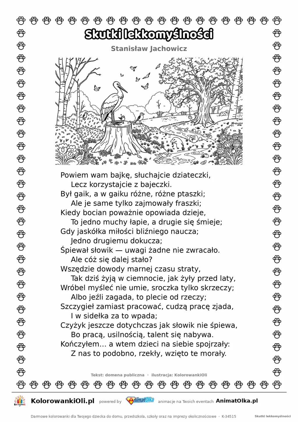 Skutki lekkomyślności (Stanisław Jachowicz) — tekst wiersza i ilustracja do kolorowania, karta A4 do druku
