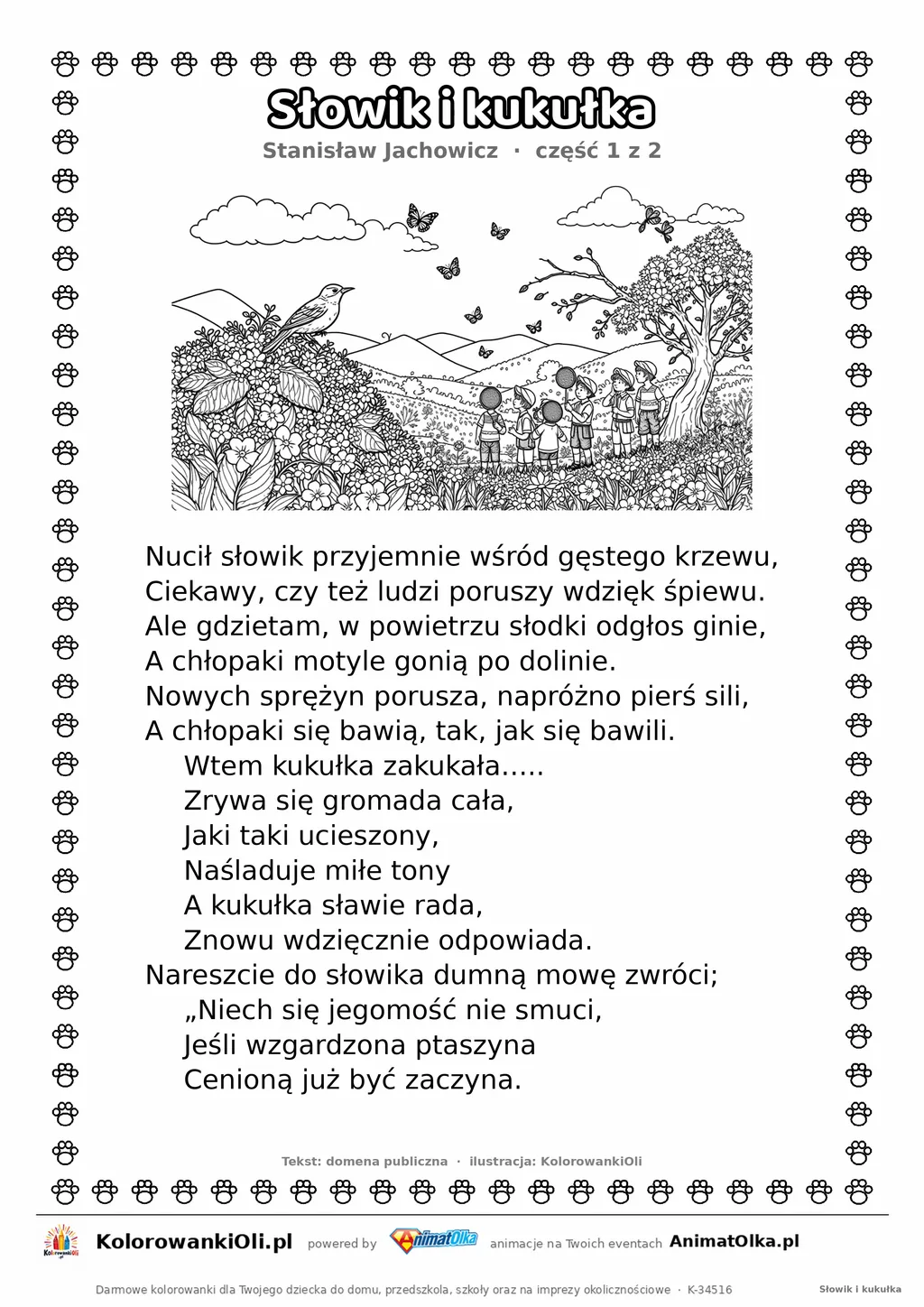 Słowik i kukułka (Stanisław Jachowicz) — tekst wiersza i ilustracja do kolorowania (część 1 z 2), karta A4 do druku