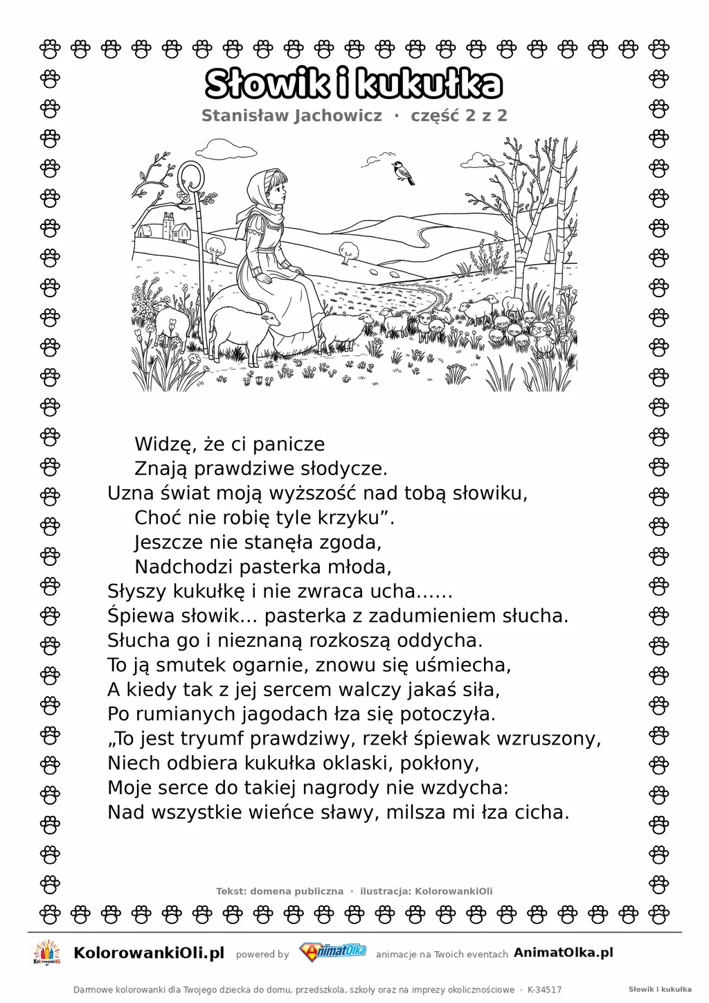 Słowik i kukułka (Stanisław Jachowicz) — tekst wiersza i ilustracja do kolorowania (część 2 z 2), karta A4 do druku