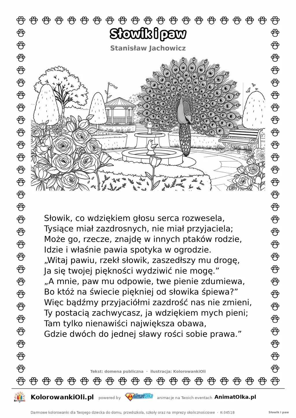 Słowik i paw (Stanisław Jachowicz) — tekst wiersza i ilustracja do kolorowania, karta A4 do druku