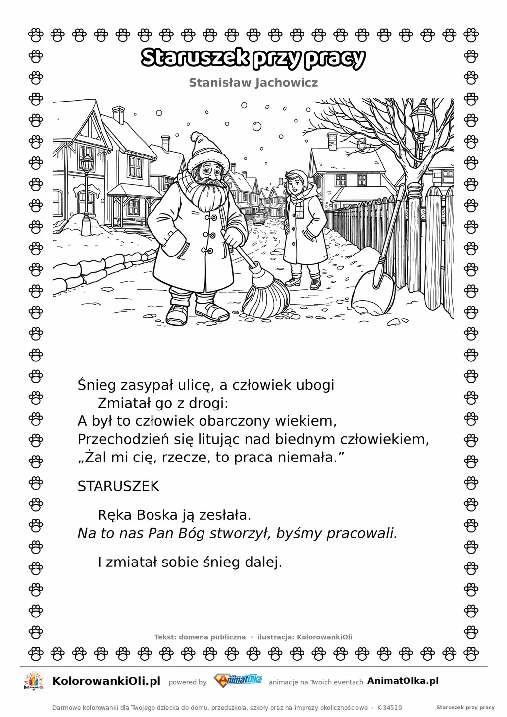 Staruszek przy pracy (Stanisław Jachowicz) — tekst wiersza i ilustracja do kolorowania, karta A4 do druku