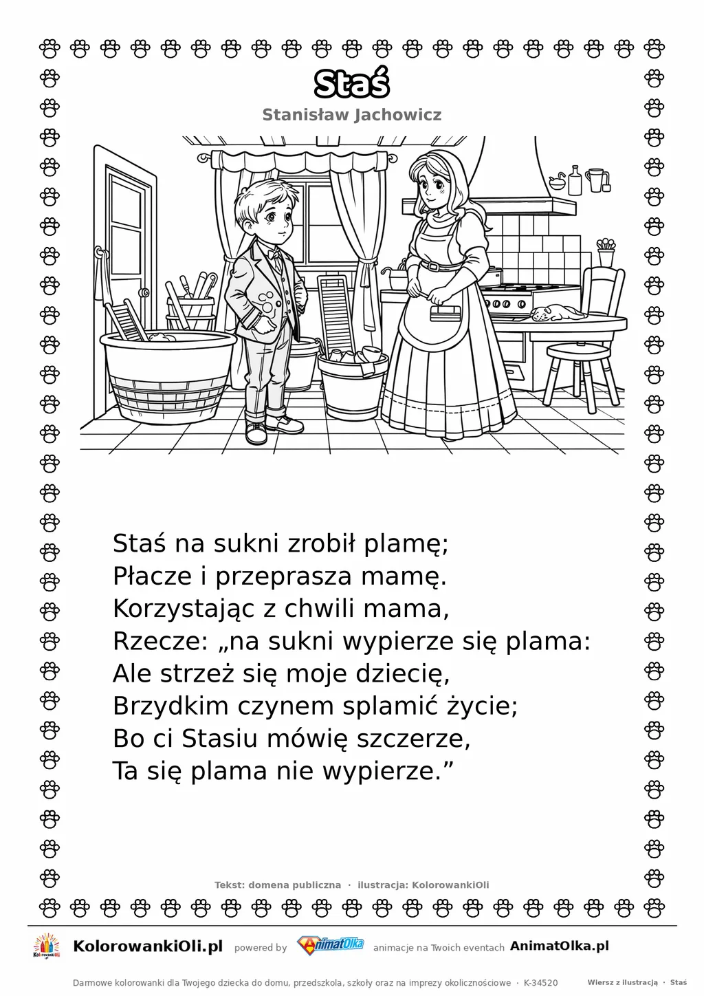 Staś (Stanisław Jachowicz) — tekst wiersza i ilustracja do kolorowania, karta A4 do druku