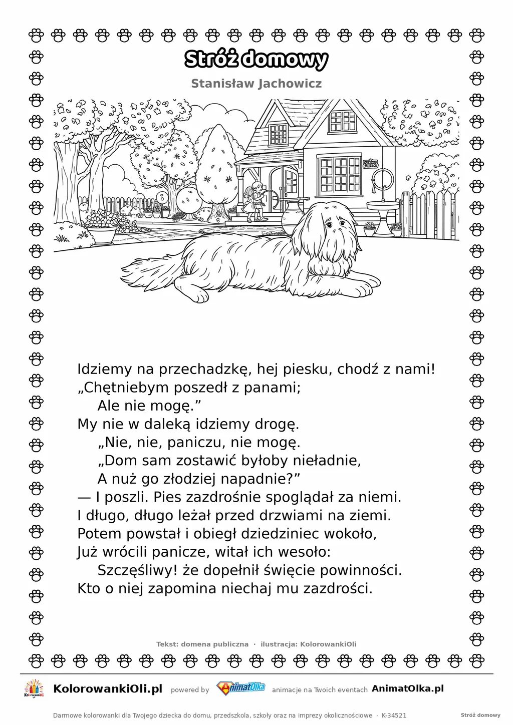Stróż domowy (Stanisław Jachowicz) — tekst wiersza i ilustracja do kolorowania, karta A4 do druku