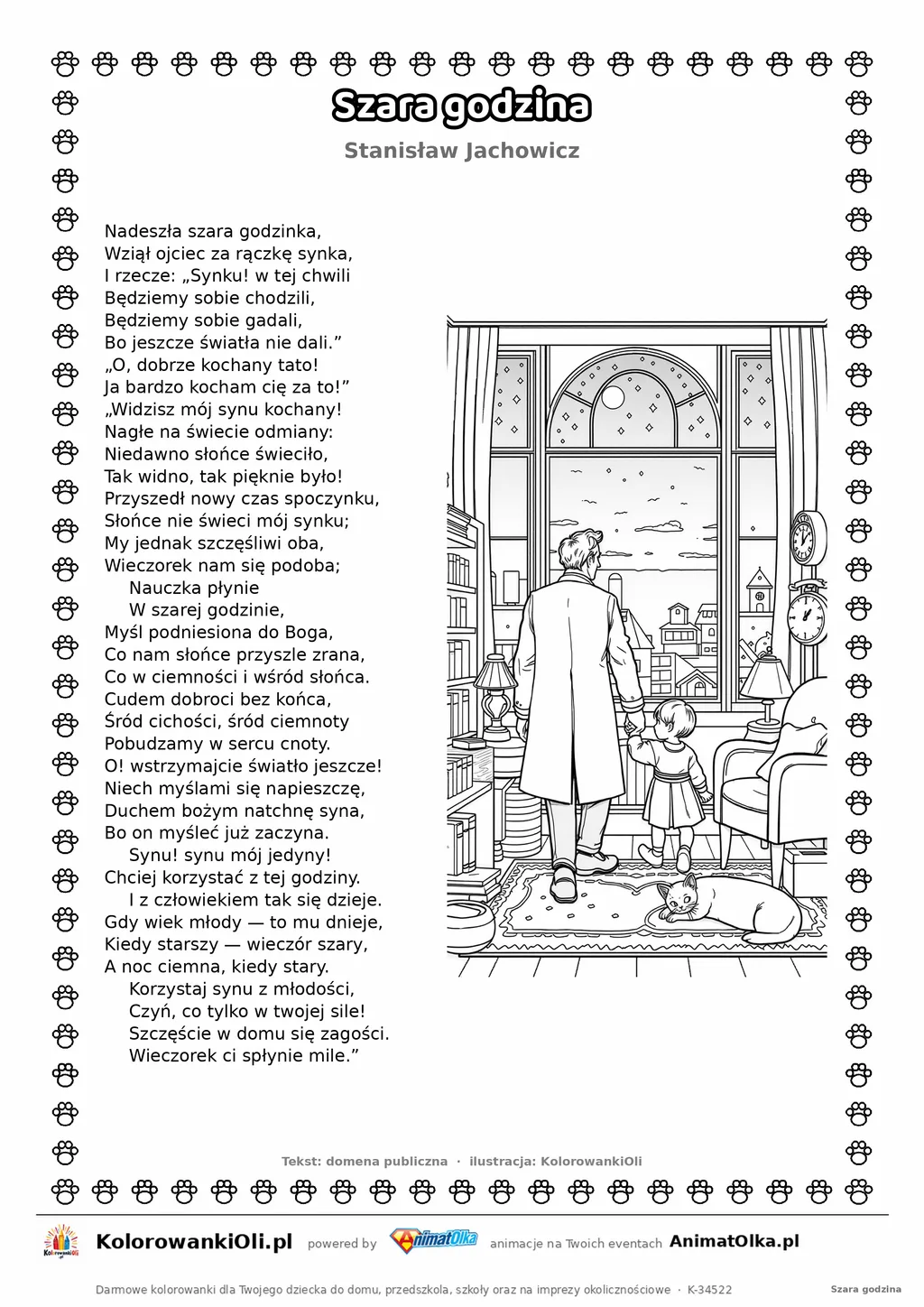 Szara godzina (Stanisław Jachowicz) — tekst wiersza i ilustracja do kolorowania, karta A4 do druku