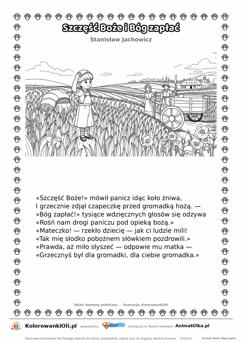 Szczęść Boże i Bóg zapłać (Stanisław Jachowicz) — tekst wiersza i ilustracja do kolorowania, karta A4 do druku