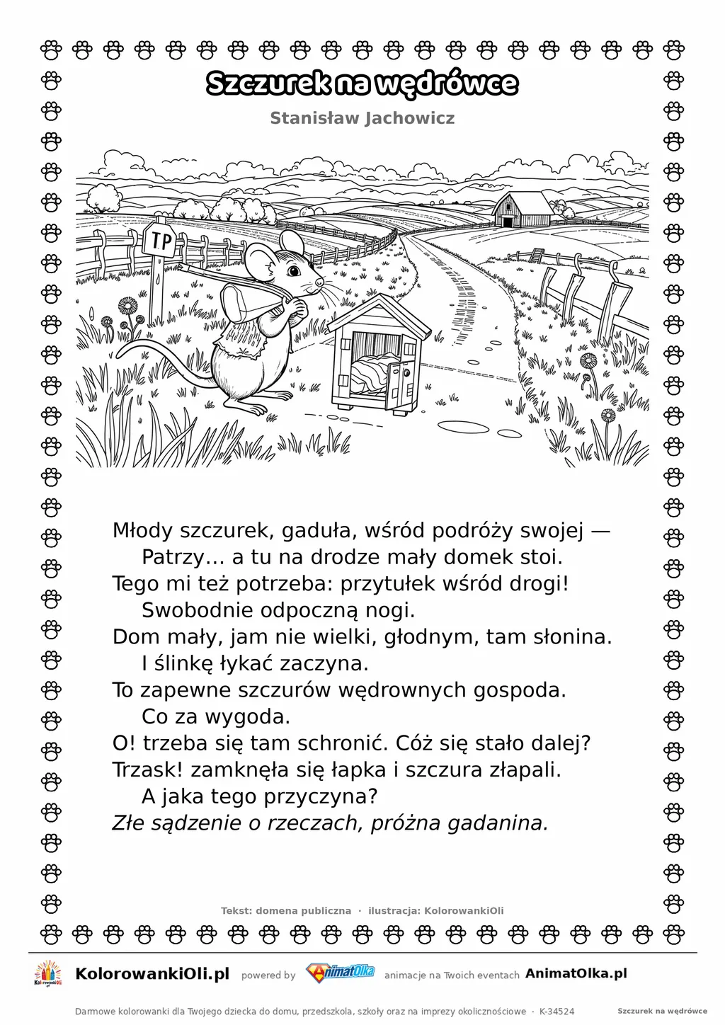 Szczurek na wędrówce (Stanisław Jachowicz) — tekst wiersza i ilustracja do kolorowania, karta A4 do druku