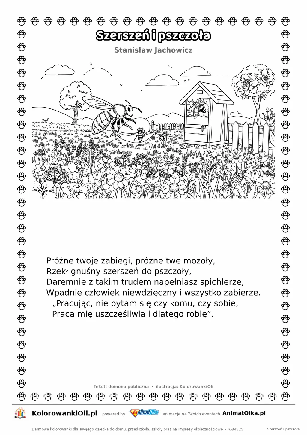 Szerszeń i pszczoła (Stanisław Jachowicz) — tekst wiersza i ilustracja do kolorowania, karta A4 do druku