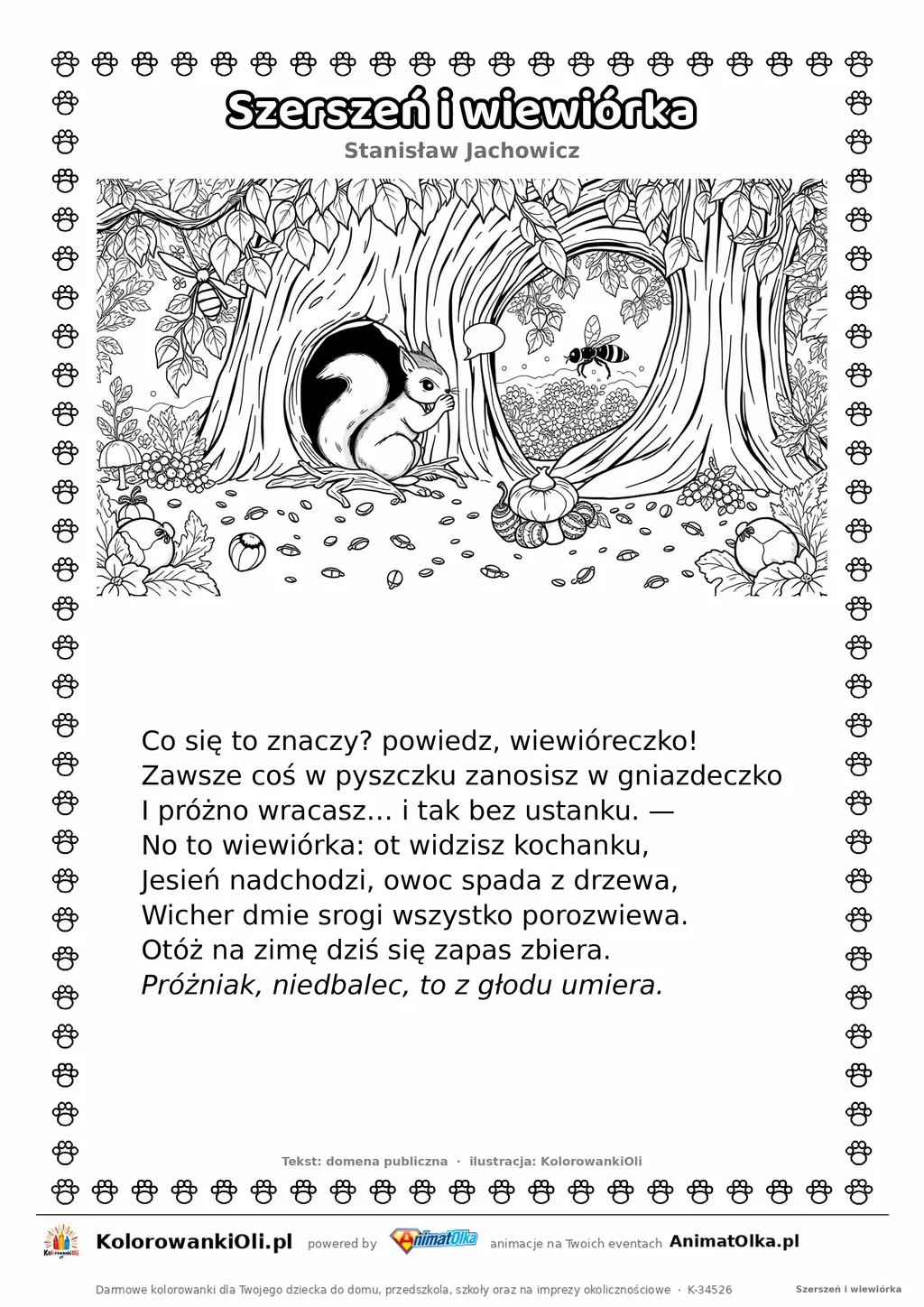 Szerszeń i wiewiórka (Stanisław Jachowicz) — tekst wiersza i ilustracja do kolorowania, karta A4 do druku
