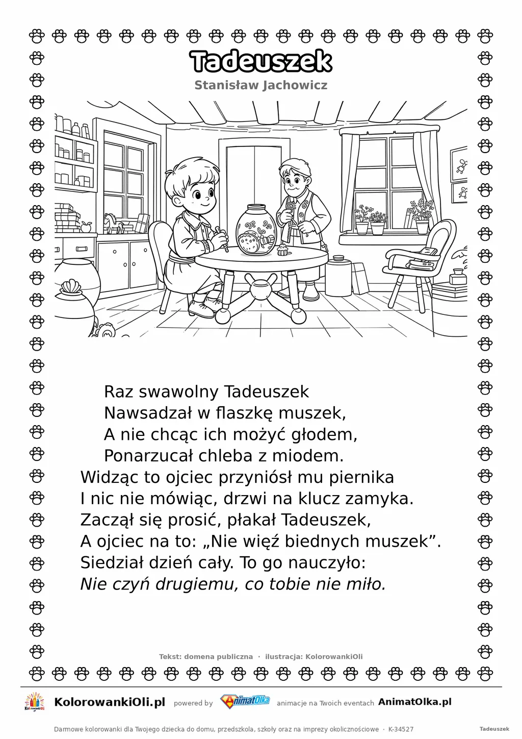 Tadeuszek (Stanisław Jachowicz) — tekst wiersza i ilustracja do kolorowania, karta A4 do druku