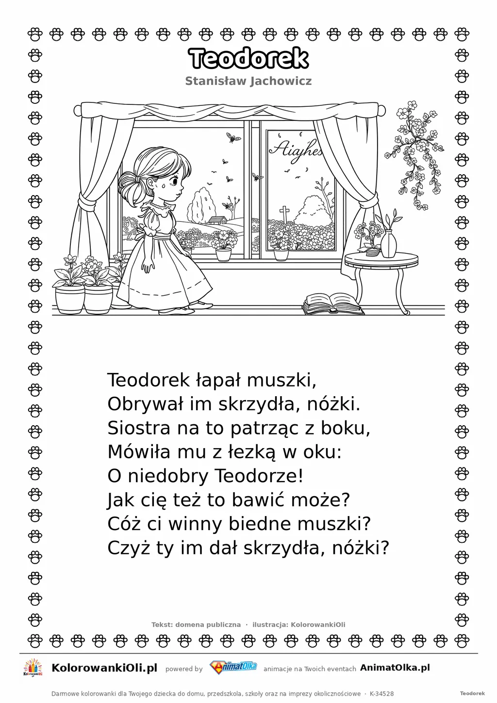 Teodorek (Stanisław Jachowicz) — tekst wiersza i ilustracja do kolorowania, karta A4 do druku