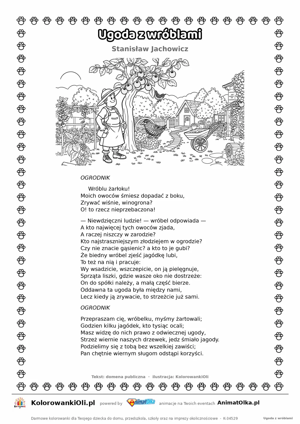 Ugoda z wróblami (Stanisław Jachowicz) — tekst wiersza i ilustracja do kolorowania, karta A4 do druku