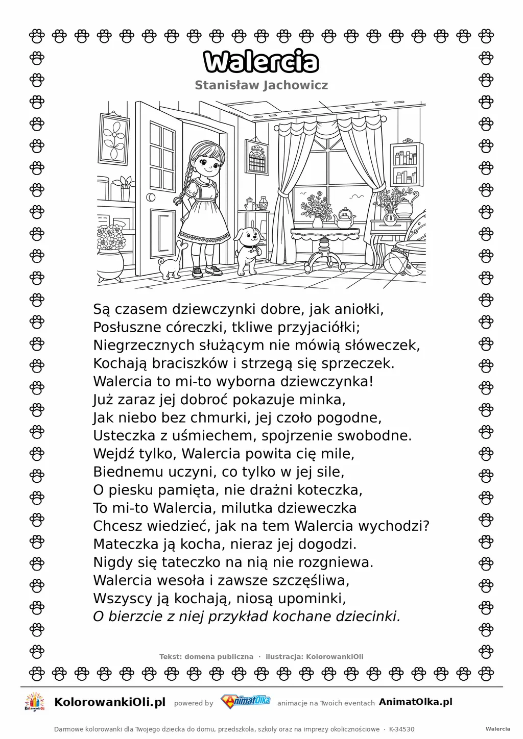 Walercia (Stanisław Jachowicz) — tekst wiersza i ilustracja do kolorowania, karta A4 do druku