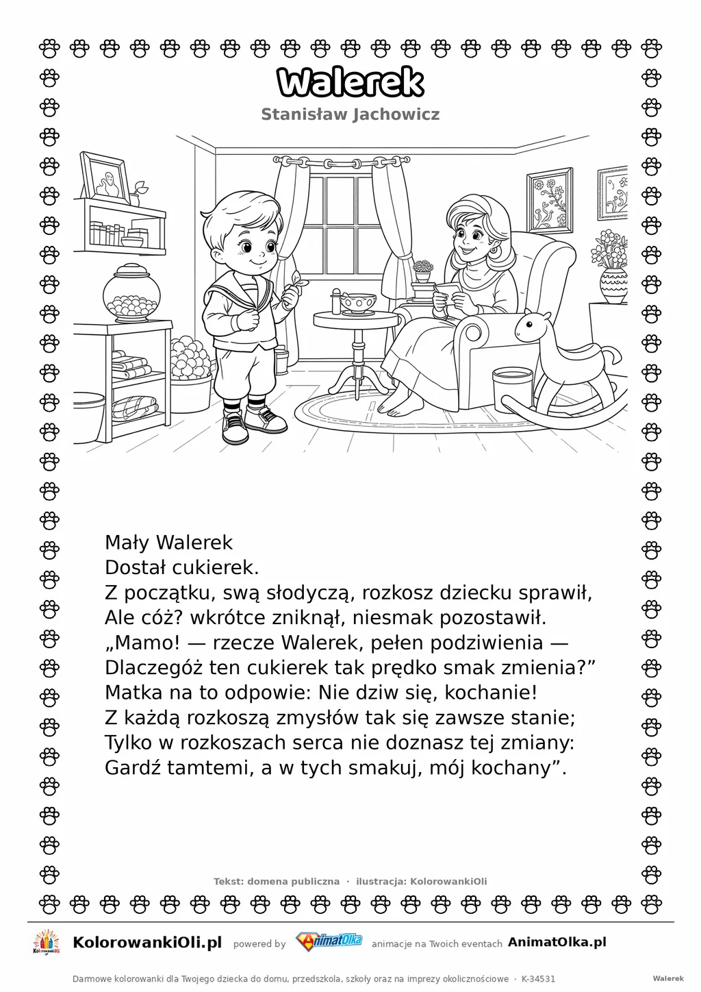 Walerek (Stanisław Jachowicz) — tekst wiersza i ilustracja do kolorowania, karta A4 do druku