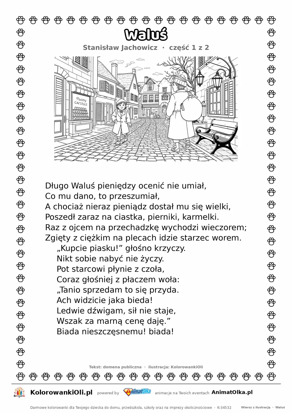 Waluś (Stanisław Jachowicz) — tekst wiersza i ilustracja do kolorowania (część 1 z 2), karta A4 do druku