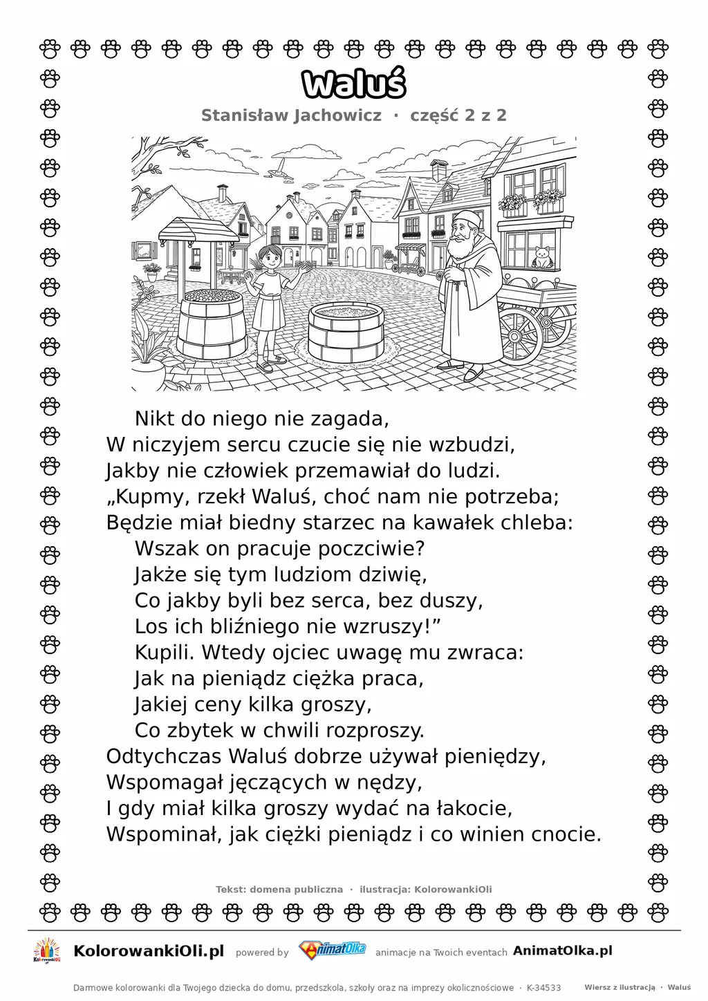 Waluś (Stanisław Jachowicz) — tekst wiersza i ilustracja do kolorowania (część 2 z 2), karta A4 do druku
