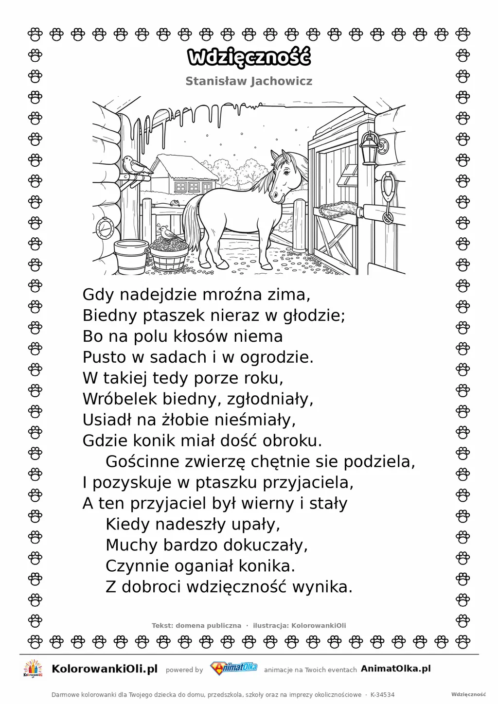 Wdzięczność (Stanisław Jachowicz) — tekst wiersza i ilustracja do kolorowania, karta A4 do druku
