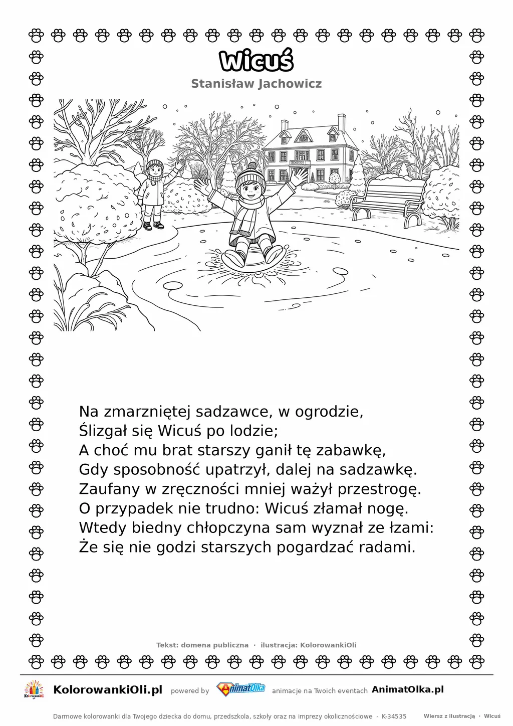 Wicuś (Stanisław Jachowicz) — tekst wiersza i ilustracja do kolorowania, karta A4 do druku