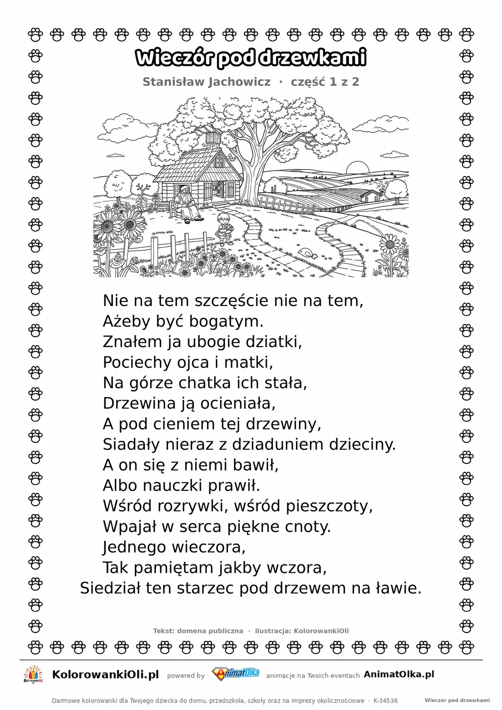 Wieczór pod drzewkami (Stanisław Jachowicz) — tekst wiersza i ilustracja do kolorowania (część 1 z 2), karta A4 do druku