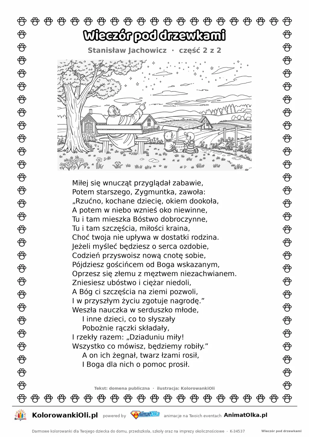 Wieczór pod drzewkami (Stanisław Jachowicz) — tekst wiersza i ilustracja do kolorowania (część 2 z 2), karta A4 do druku