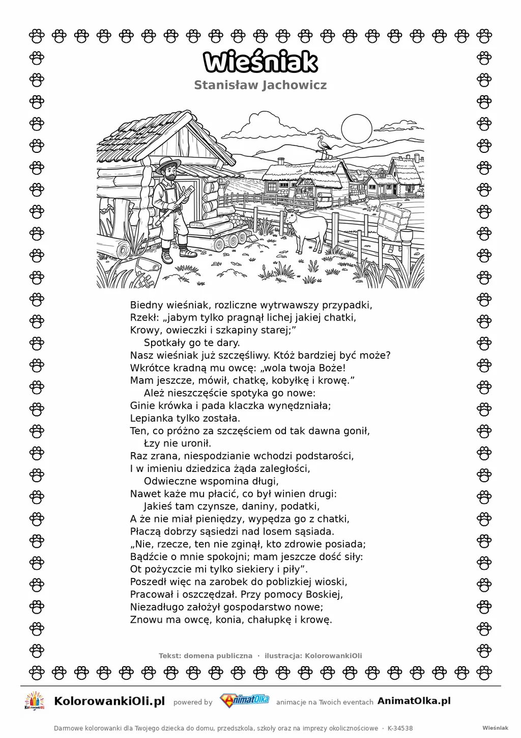 Wieśniak (Stanisław Jachowicz) — tekst wiersza i ilustracja do kolorowania, karta A4 do druku