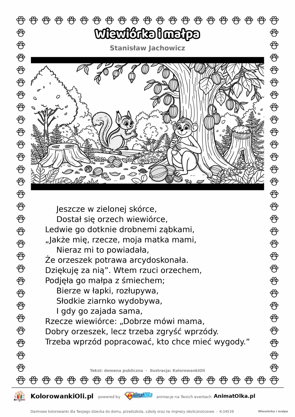 Wiewiórka i małpa (Stanisław Jachowicz) — tekst wiersza i ilustracja do kolorowania, karta A4 do druku