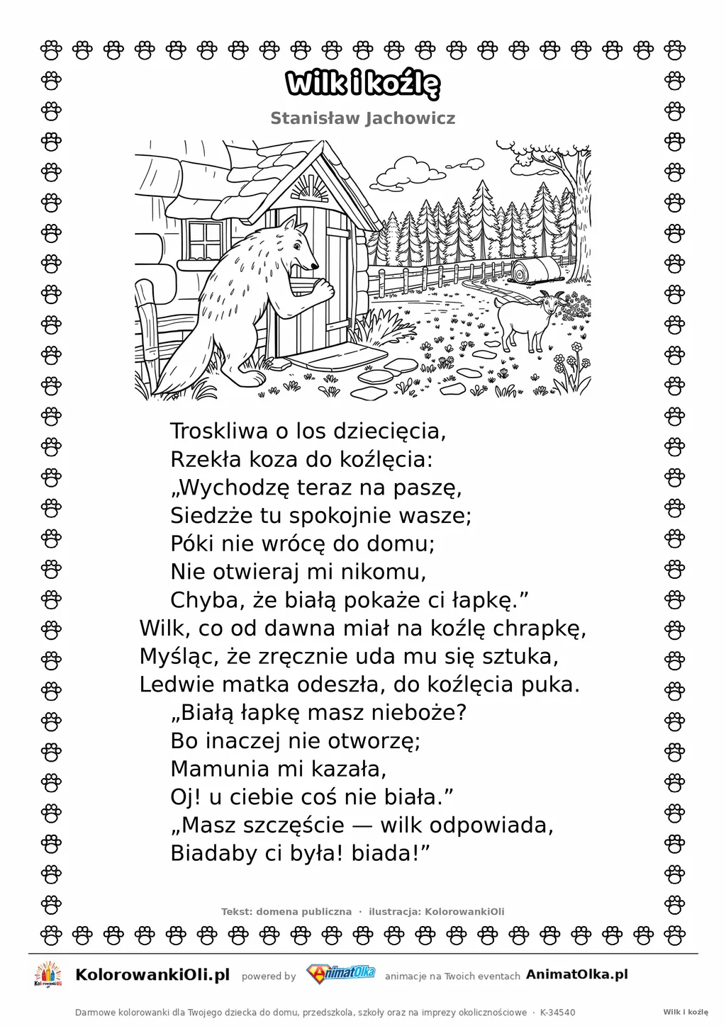 Wilk i koźlę (Stanisław Jachowicz) — tekst wiersza i ilustracja do kolorowania, karta A4 do druku