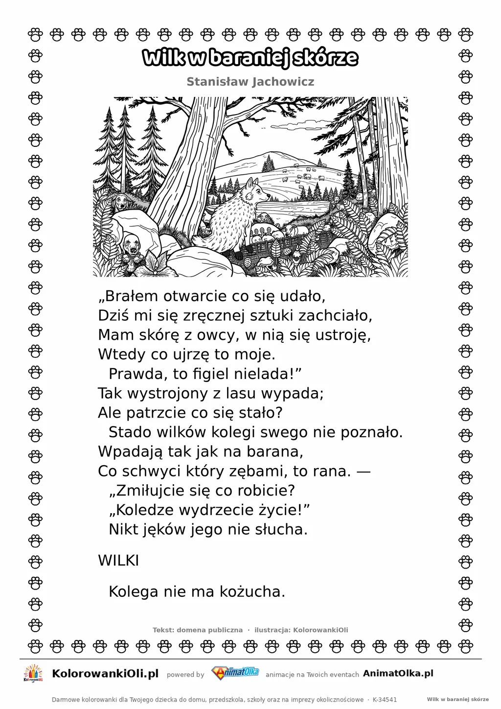 Wilk w baraniej skórze (Stanisław Jachowicz) — tekst wiersza i ilustracja do kolorowania, karta A4 do druku