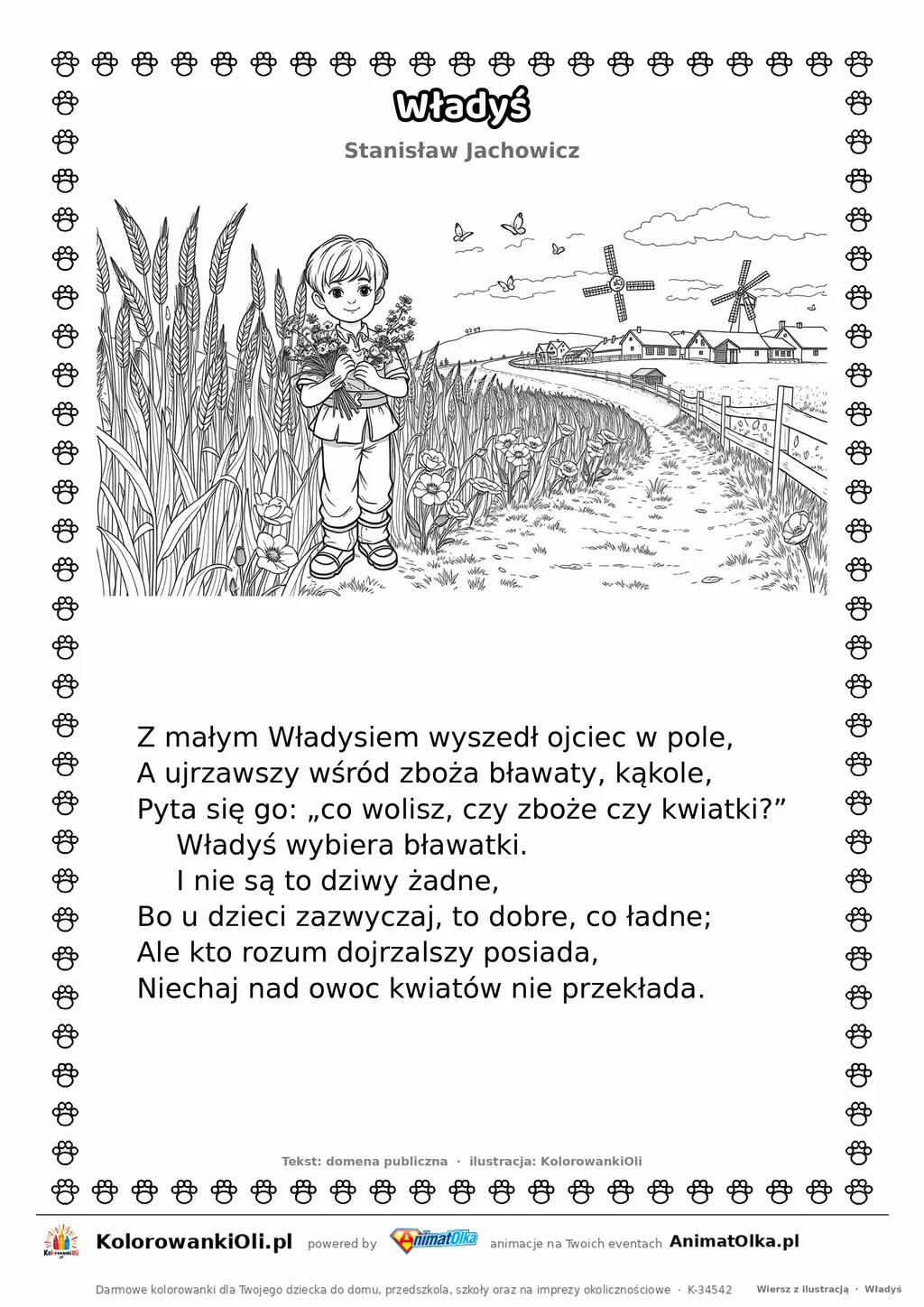 Władyś (Stanisław Jachowicz) — tekst wiersza i ilustracja do kolorowania, karta A4 do druku