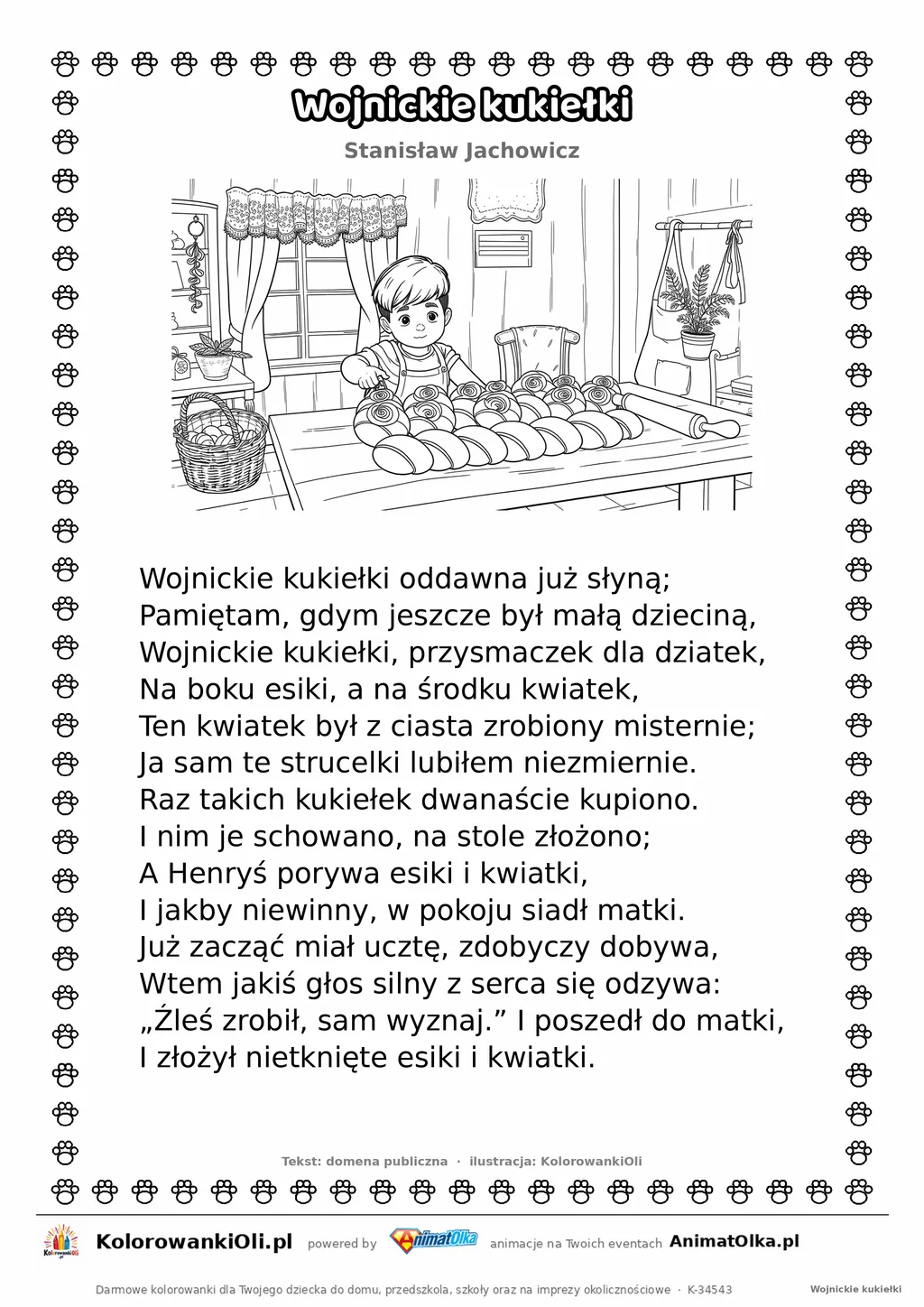 Wojnickie kukiełki (Stanisław Jachowicz) — tekst wiersza i ilustracja do kolorowania, karta A4 do druku