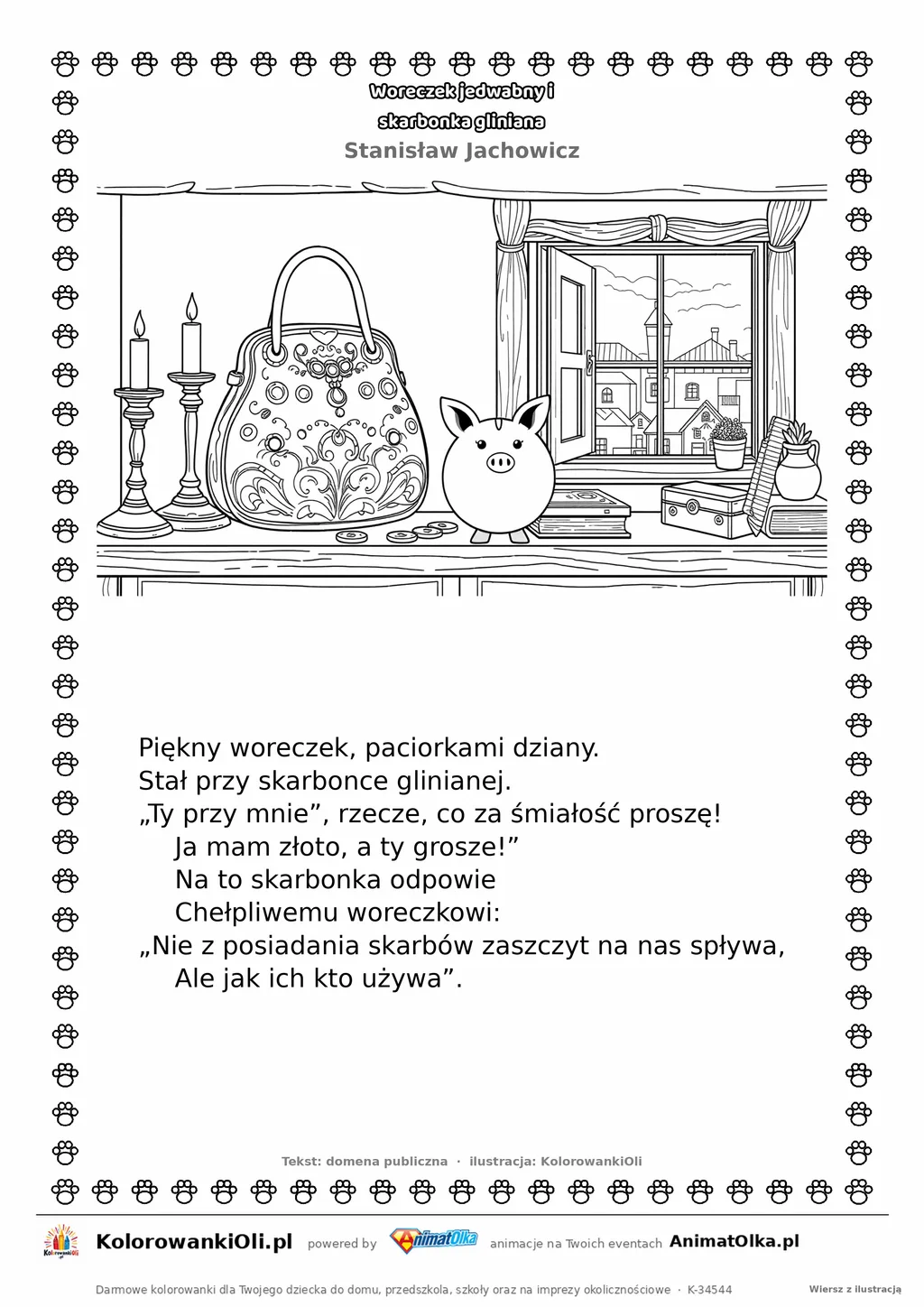 Woreczek jedwabny i skarbonka gliniana (Stanisław Jachowicz) — tekst wiersza i ilustracja do kolorowania, karta A4 do druku