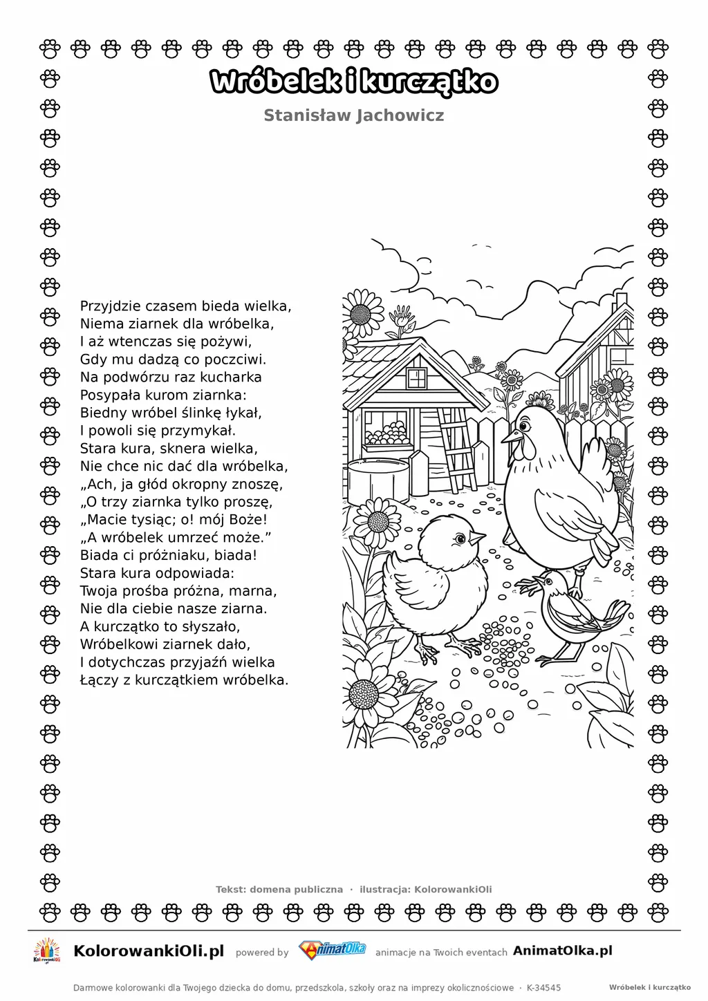 Wróbelek i kurczątko (Stanisław Jachowicz) — tekst wiersza i ilustracja do kolorowania, karta A4 do druku