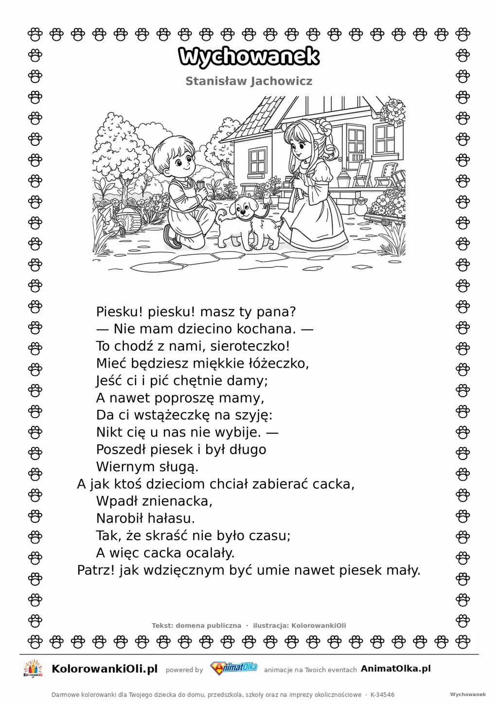 Wychowanek (Stanisław Jachowicz) — tekst wiersza i ilustracja do kolorowania, karta A4 do druku