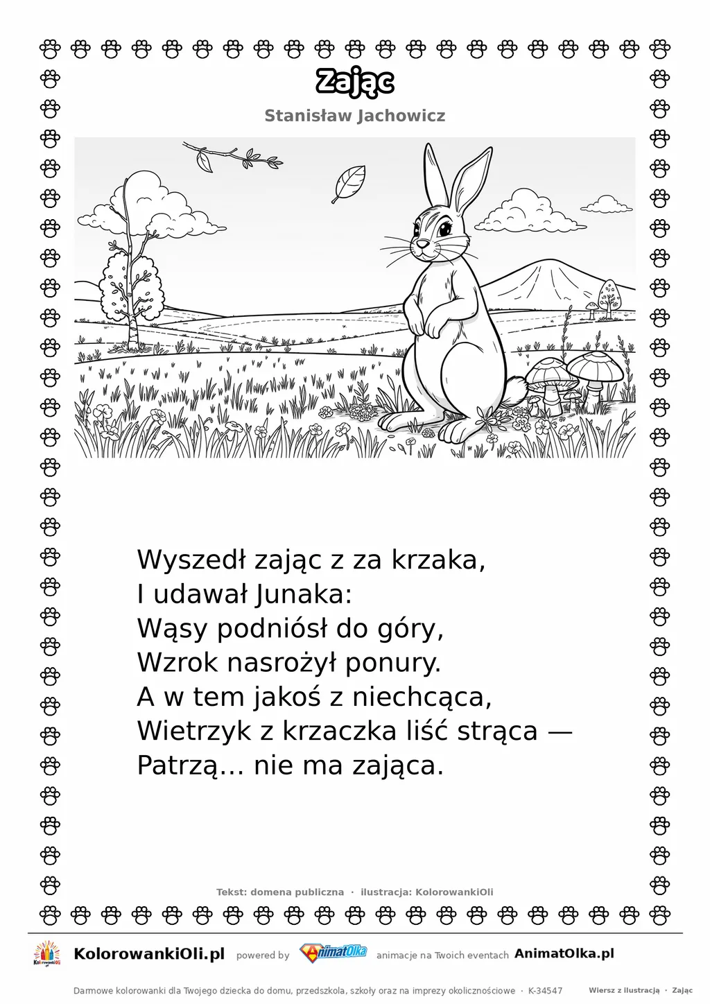 Zając (Stanisław Jachowicz) — tekst wiersza i ilustracja do kolorowania, karta A4 do druku