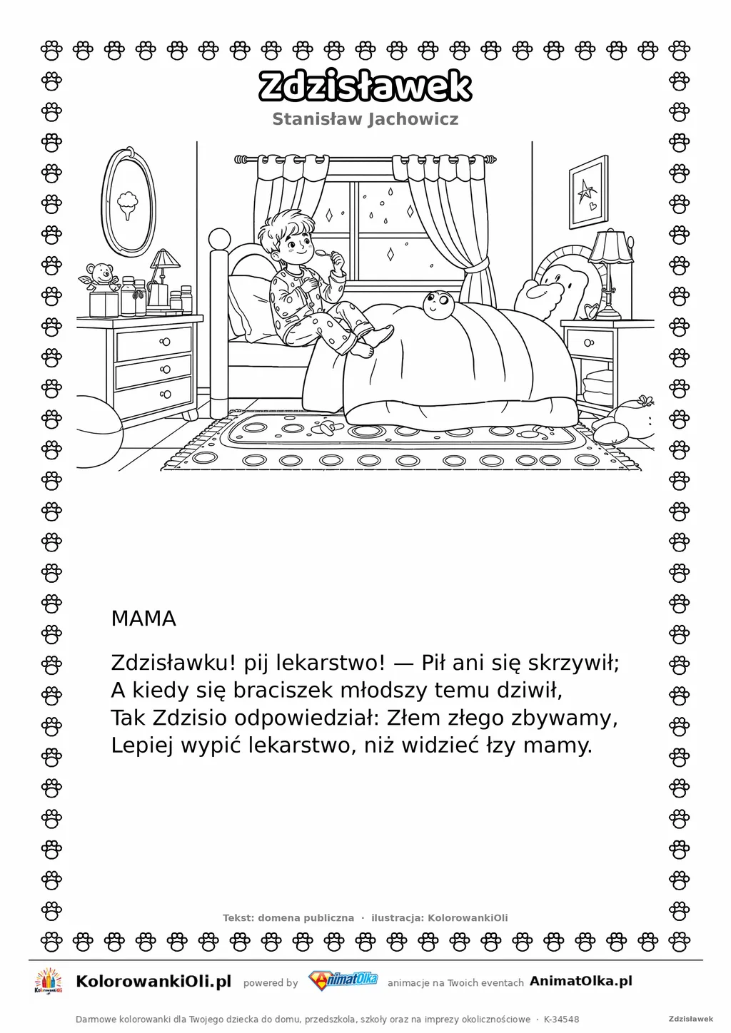 Zdzisławek (Stanisław Jachowicz) — tekst wiersza i ilustracja do kolorowania, karta A4 do druku