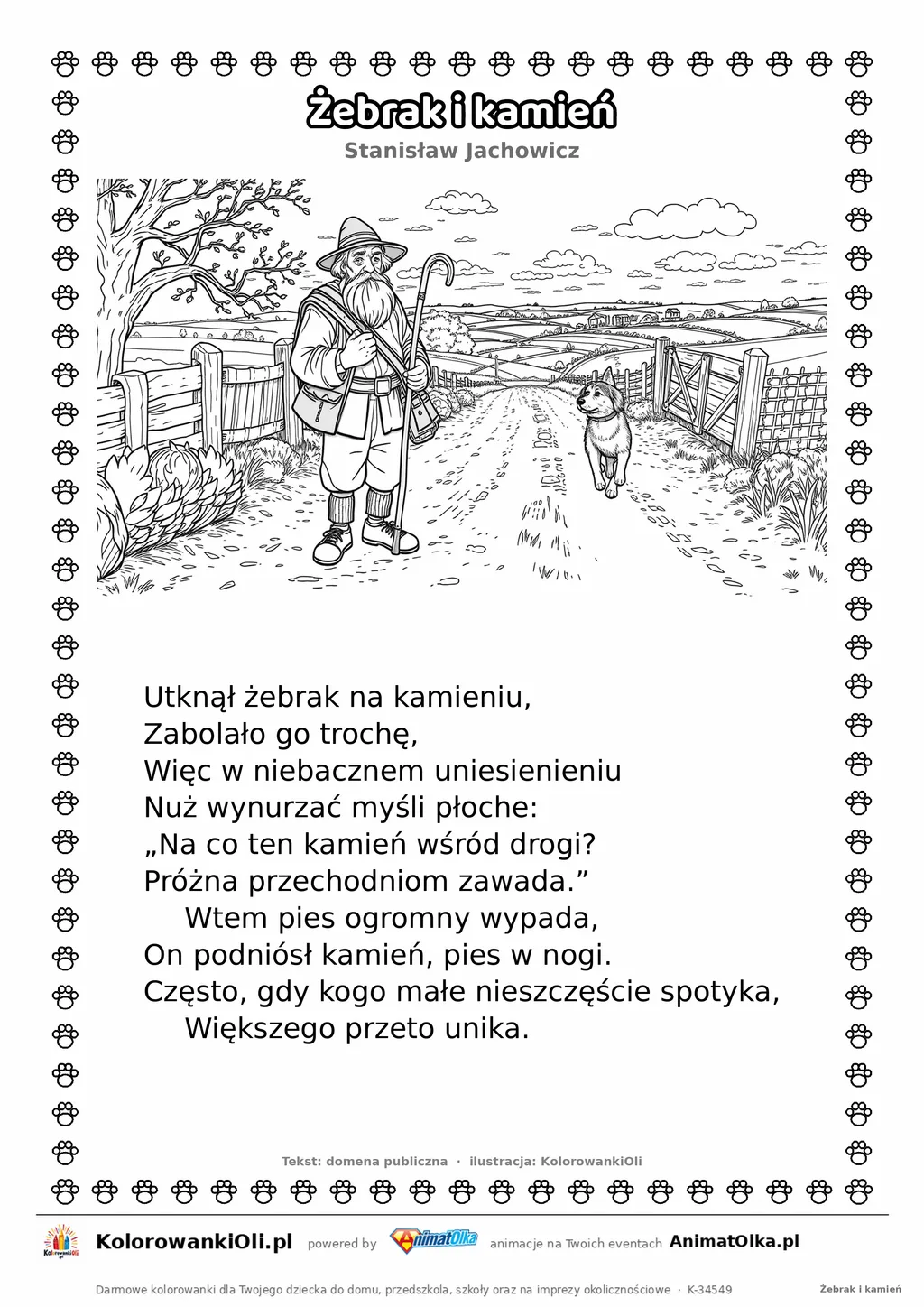 Żebrak i kamień (Stanisław Jachowicz) — tekst wiersza i ilustracja do kolorowania, karta A4 do druku