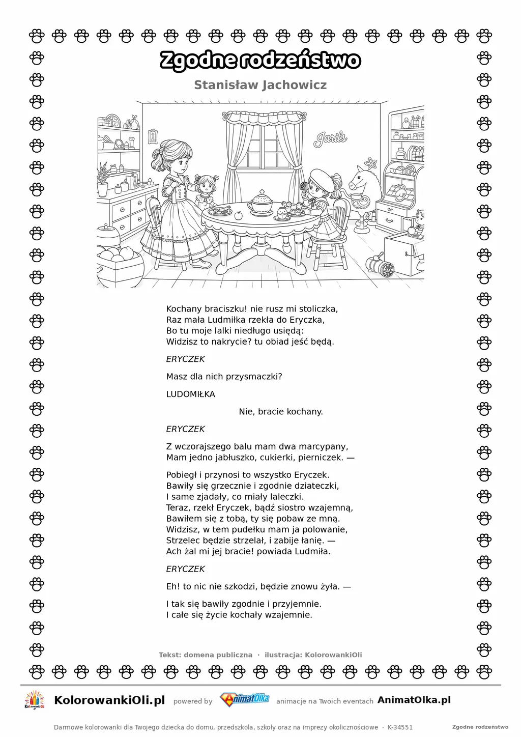 Zgodne rodzeństwo (Stanisław Jachowicz) — tekst wiersza i ilustracja do kolorowania, karta A4 do druku