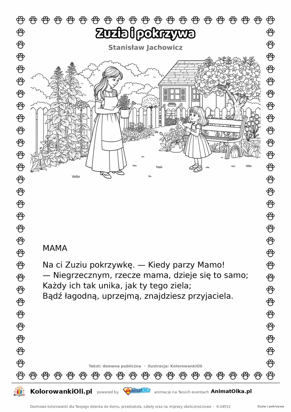 Zuzia i pokrzywa (Stanisław Jachowicz) — tekst wiersza i ilustracja do kolorowania, karta A4 do druku