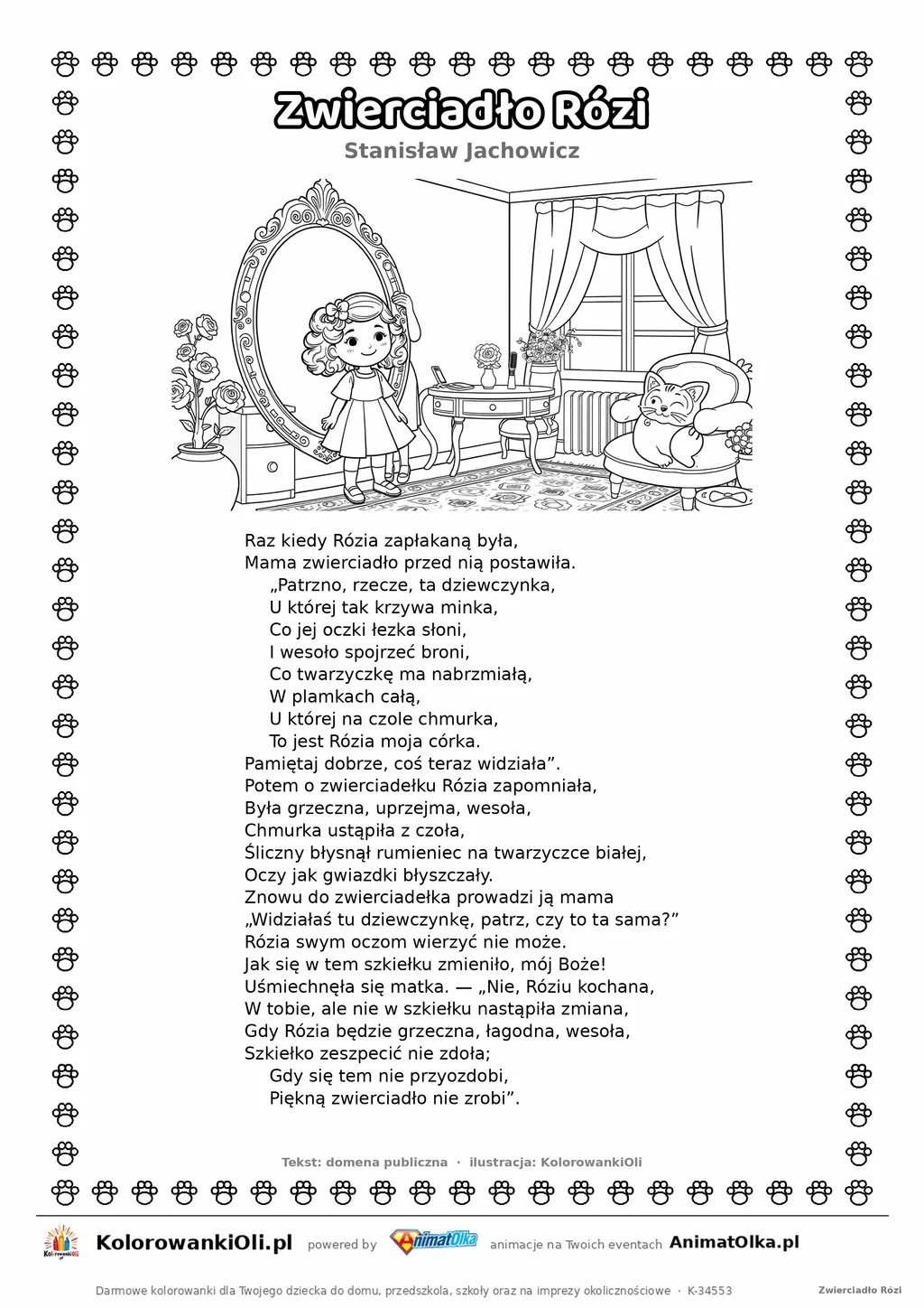 Zwierciadło Rózi (Stanisław Jachowicz) — tekst wiersza i ilustracja do kolorowania, karta A4 do druku