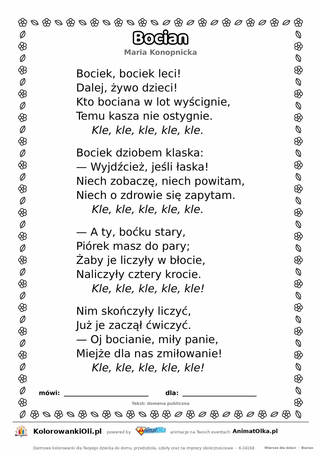 Bocian (Maria Konopnicka) — tekst wiersza do druku A4 z ramką do pokolorowania