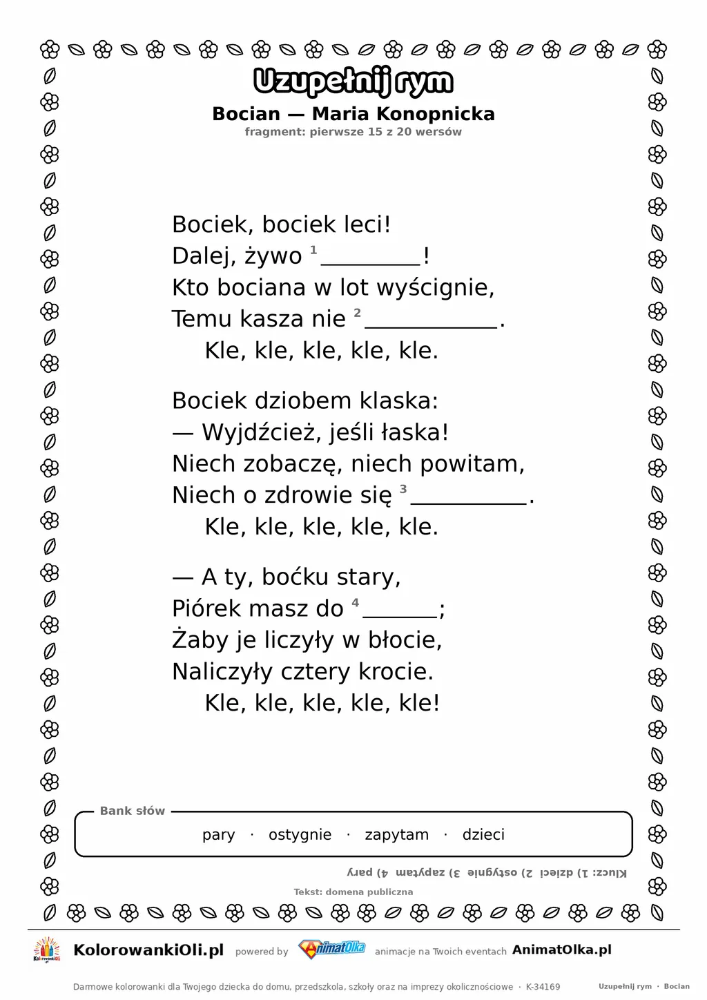 Uzupełnij rym — Bocian (Maria Konopnicka): karta pracy z lukami w rymach, A4