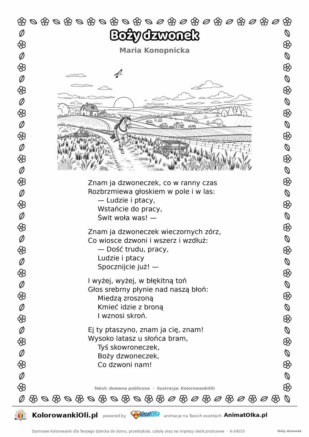 Boży dzwonek (Maria Konopnicka) — tekst wiersza i ilustracja do kolorowania, karta A4 do druku