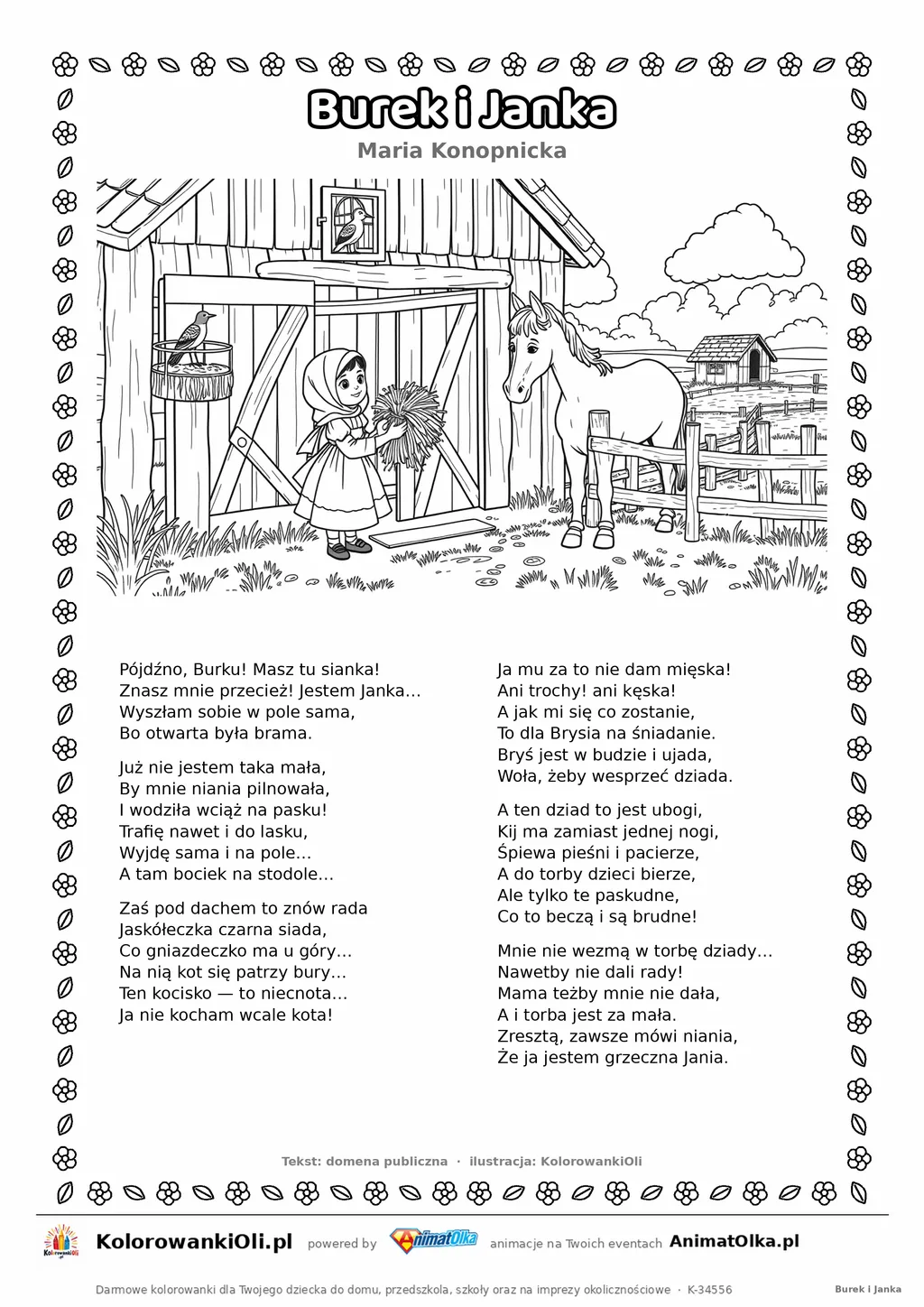 Burek i Janka (Maria Konopnicka) — tekst wiersza i ilustracja do kolorowania, karta A4 do druku