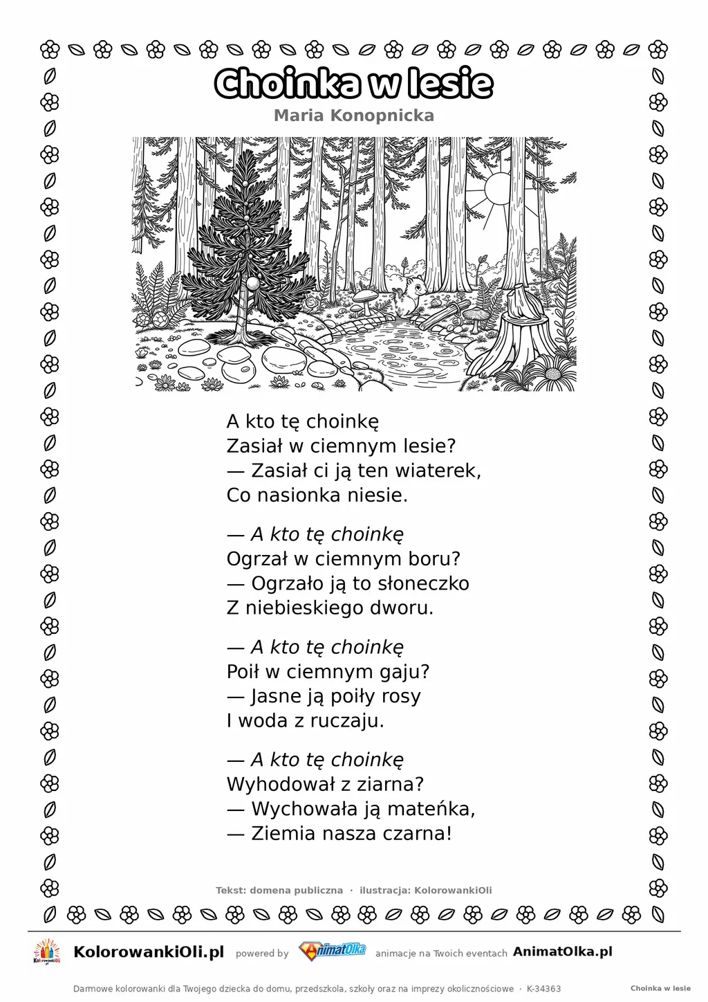 Choinka w lesie (Maria Konopnicka) — tekst wiersza i ilustracja do kolorowania, karta A4 do druku