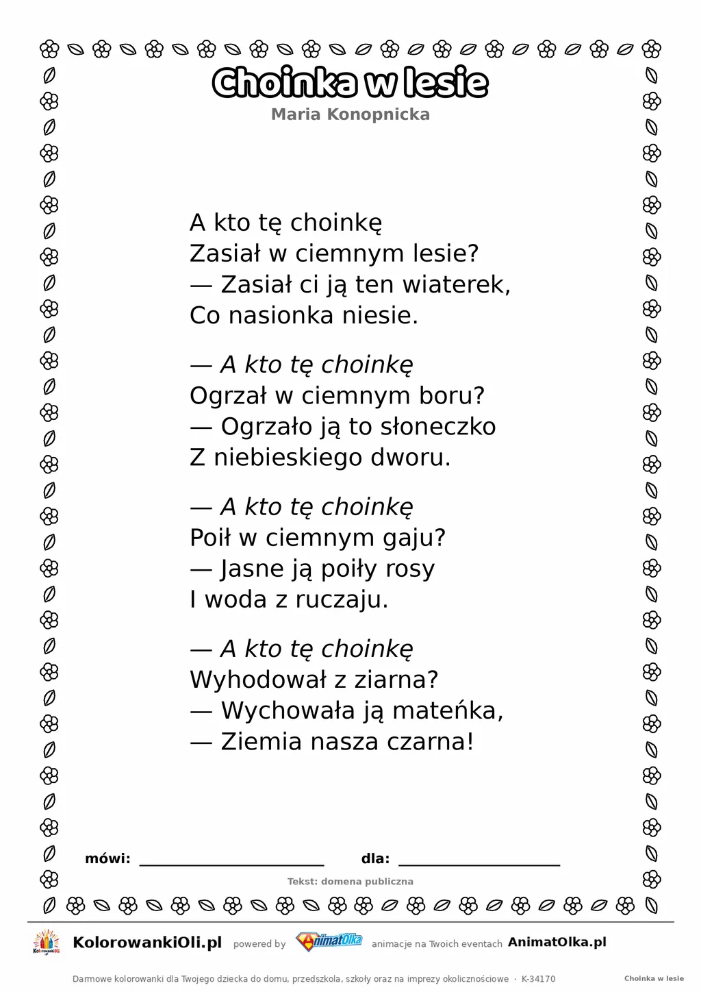 Choinka w lesie (Maria Konopnicka) — tekst wiersza do druku A4 z ramką do pokolorowania